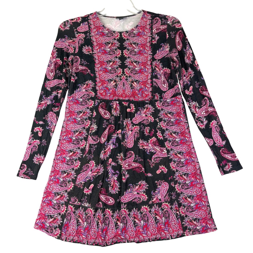 J. Jill XS Black Pink Paisley Wearever Tunic Dress Long Sleeve Boho Stretch